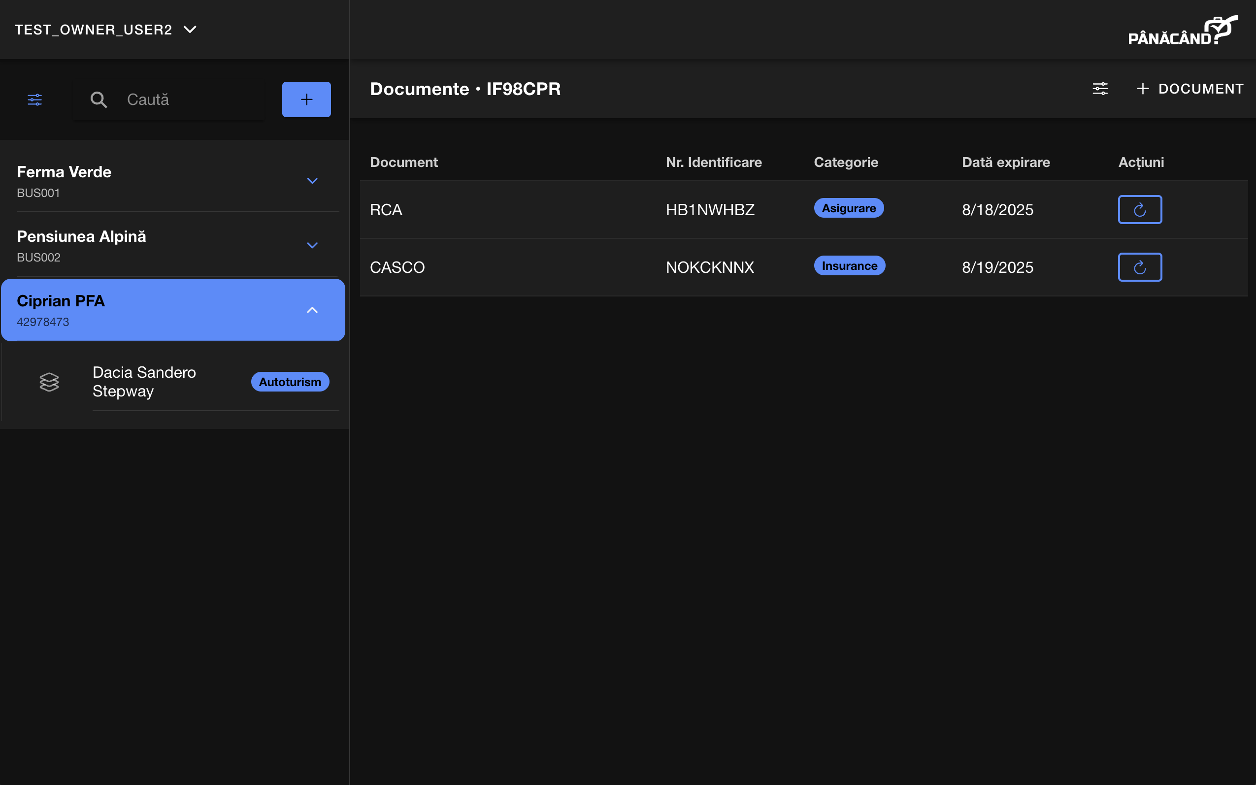 Dashboard PanaCand.ro cu documentele care urmează să expire